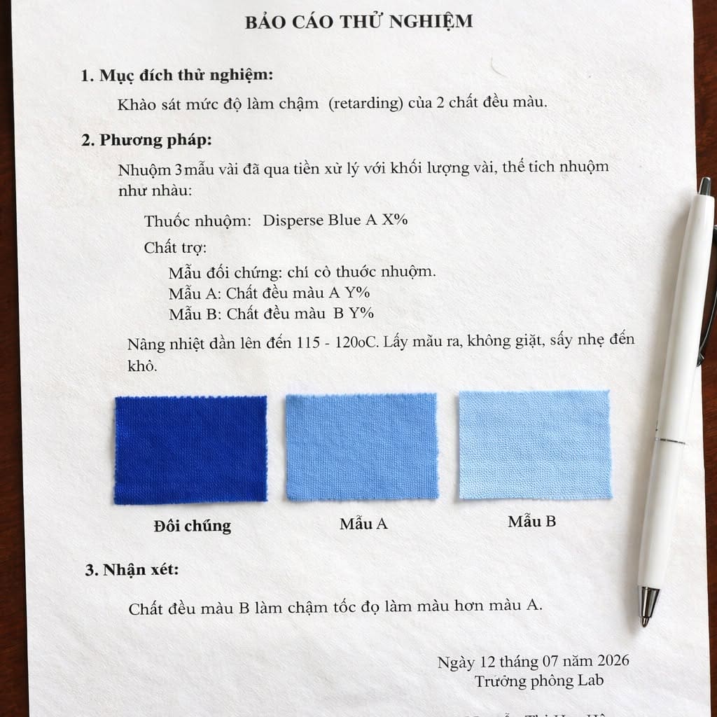 Báo cáo thử nghiệm mức độ làm chậm (retarding) của hai chất đều màu: mẫu đối chứng đậm màu nhất, mẫu A và mẫu B nhạt dần